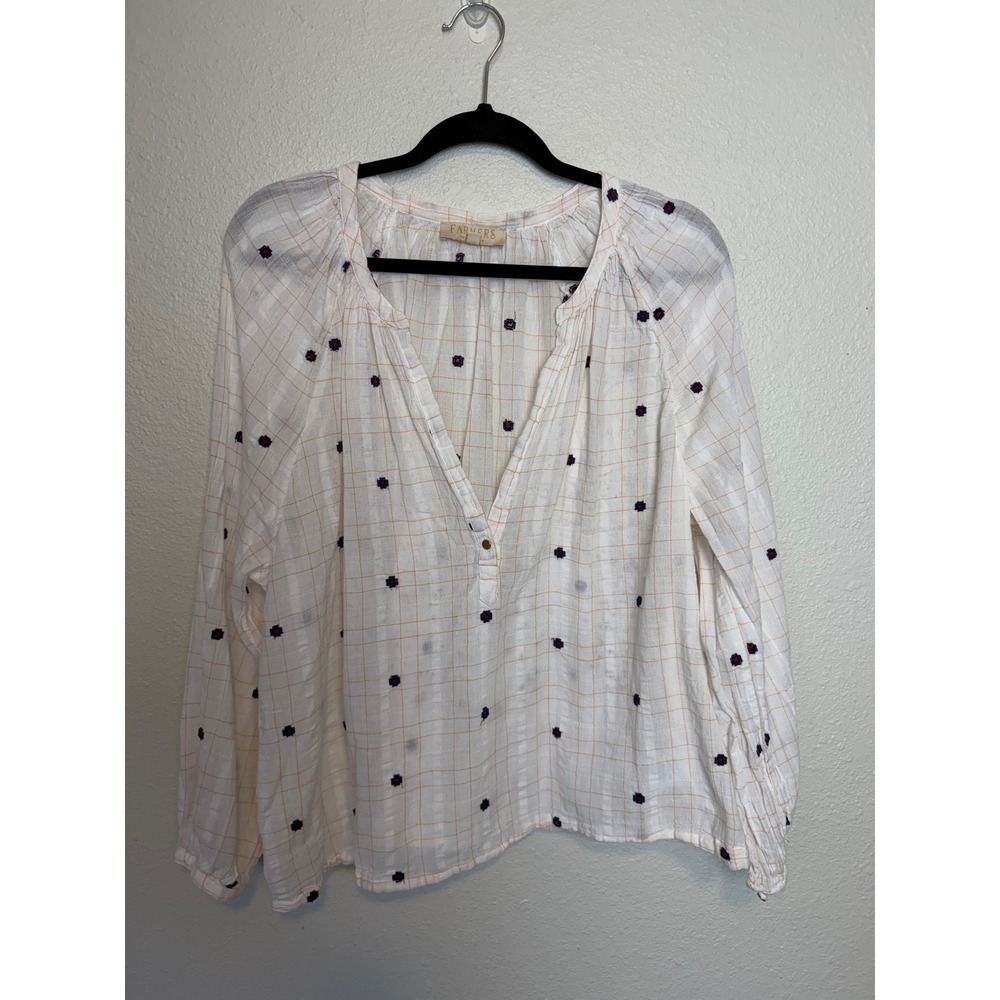 Farmers Market Ivory Plaid Embroidered Cotton Peasant Blouse Top XL FM1002YDDE